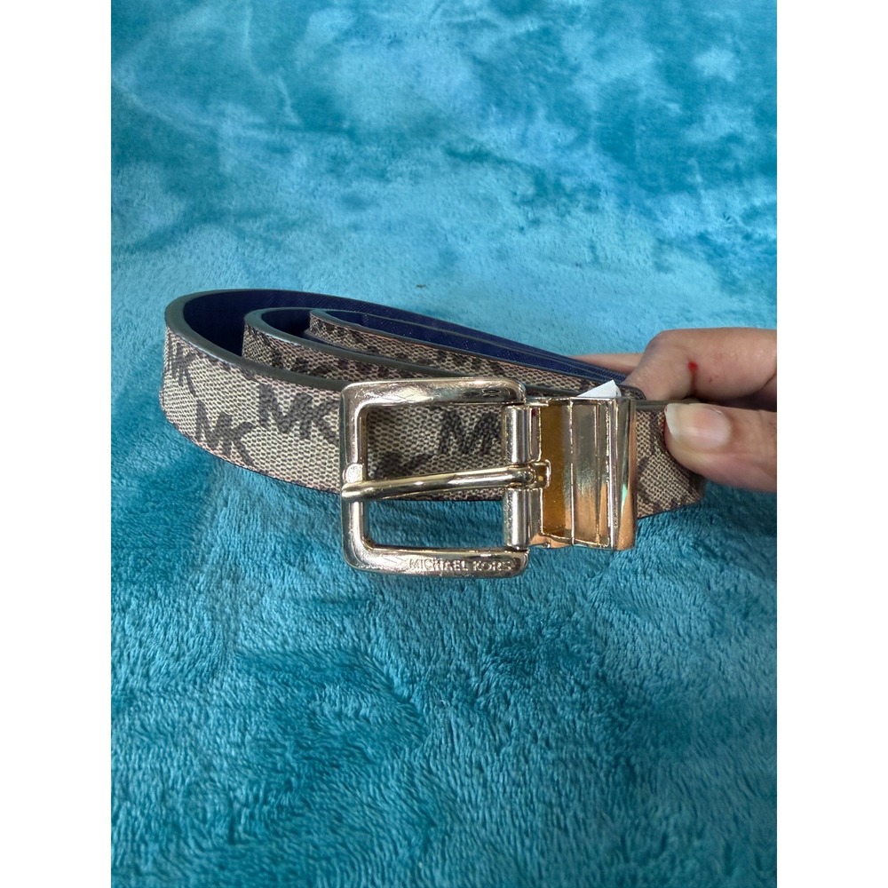 Michael Kors Reversible Belt Brown MK Monogram Navy Blue Gold Buckle Twist 43"